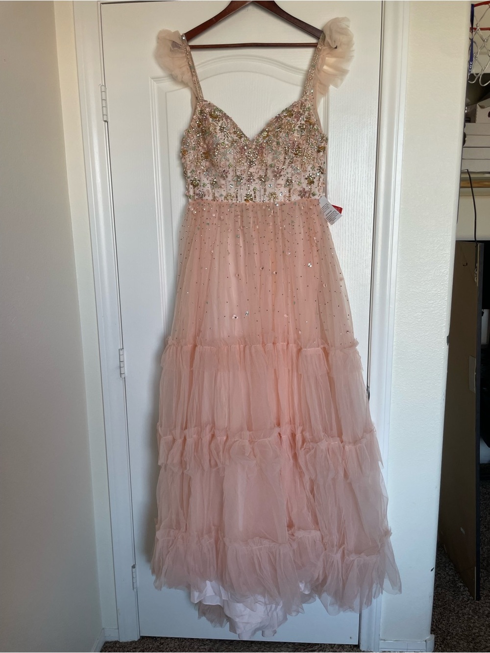 Mac Duggal Blush Pink Embellished Tulle Maxi Dress